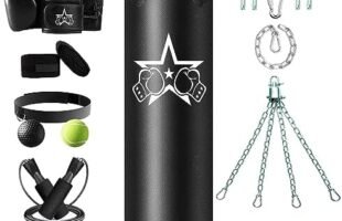 Get Fit and Release Stress with the Ultimate Boxing Training Set! Unfilled Punching Bag, Reflex Ball, Gloves, Hand Wraps, Resistance Band, and Jump Rope Included!